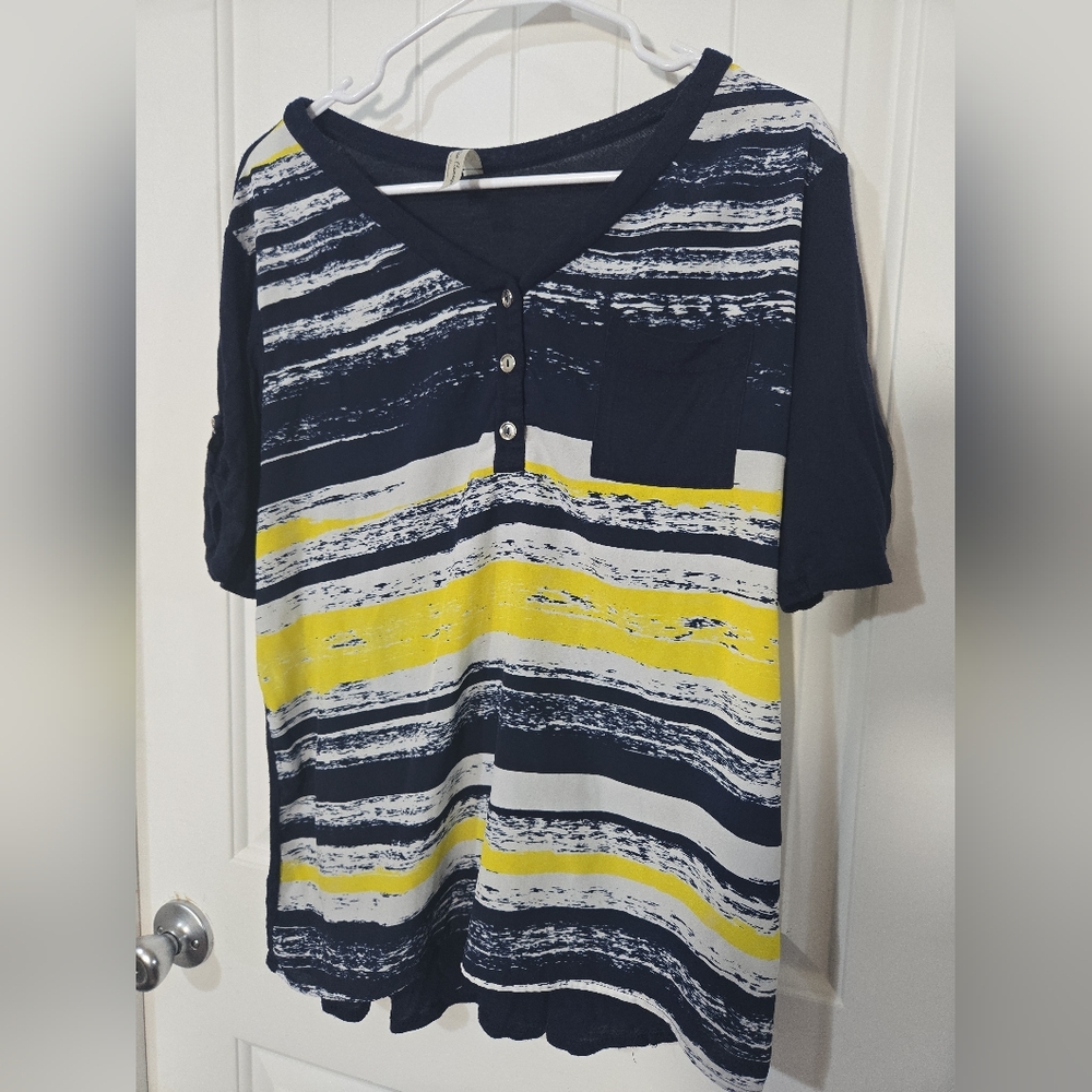 Perception Concept Striped Henley Top | Xl | Navy Yellow White